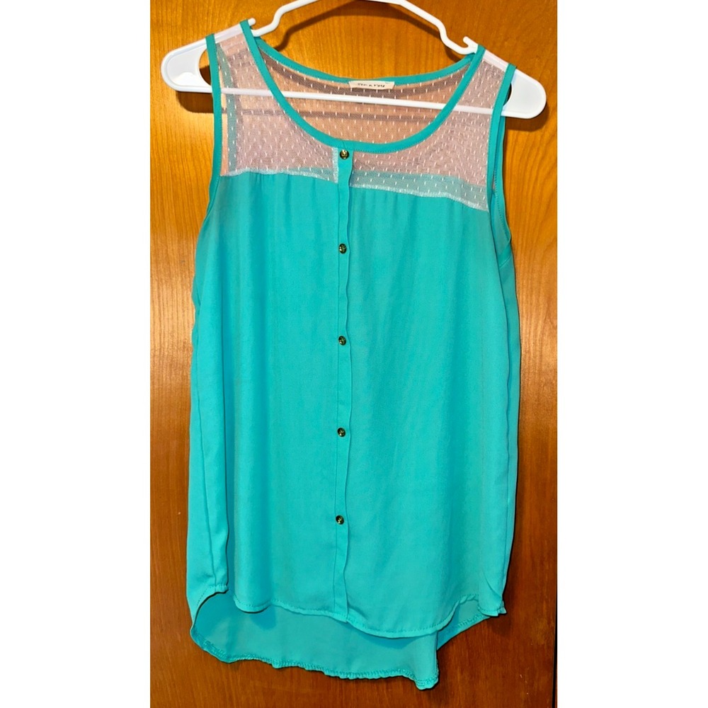 Tea N Rose Teal Tank Mesh Polka Dot Contrast Lightweight Top Medium Made in USA